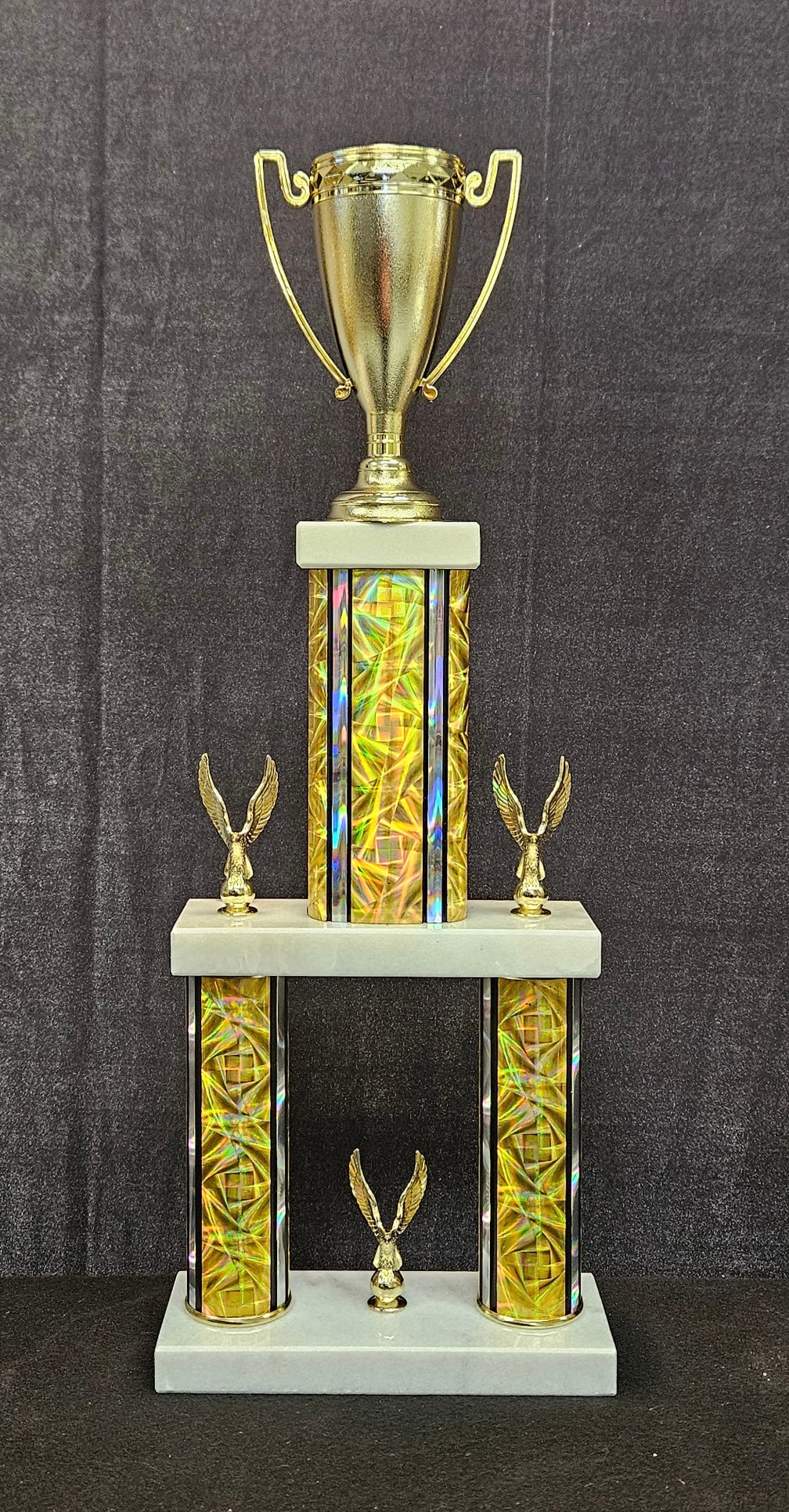 Double Deck Rectangle column trophy.  Pick your color and figurine