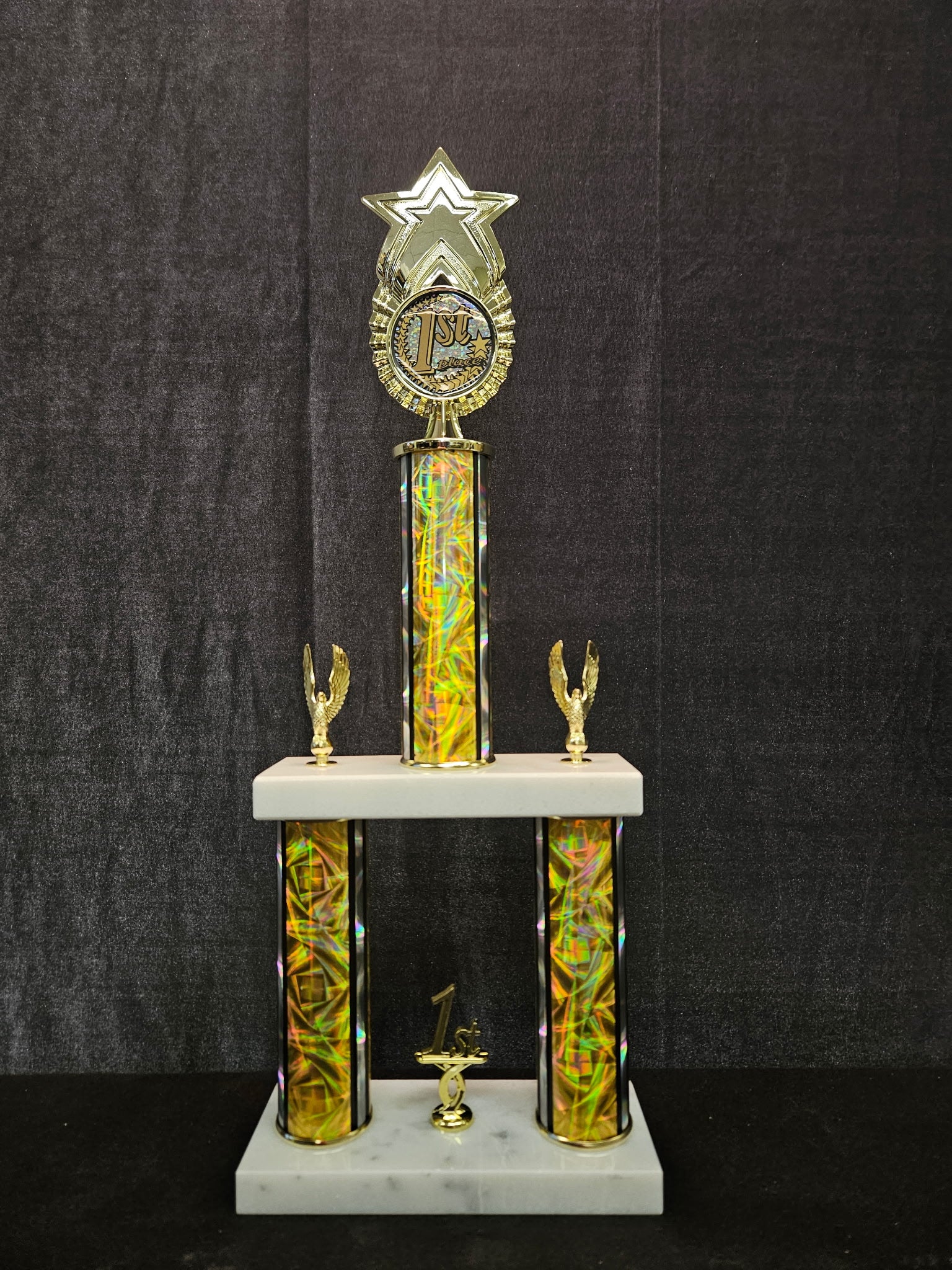 Double Decker Round Column Trophy.  Pick your color and Figurine