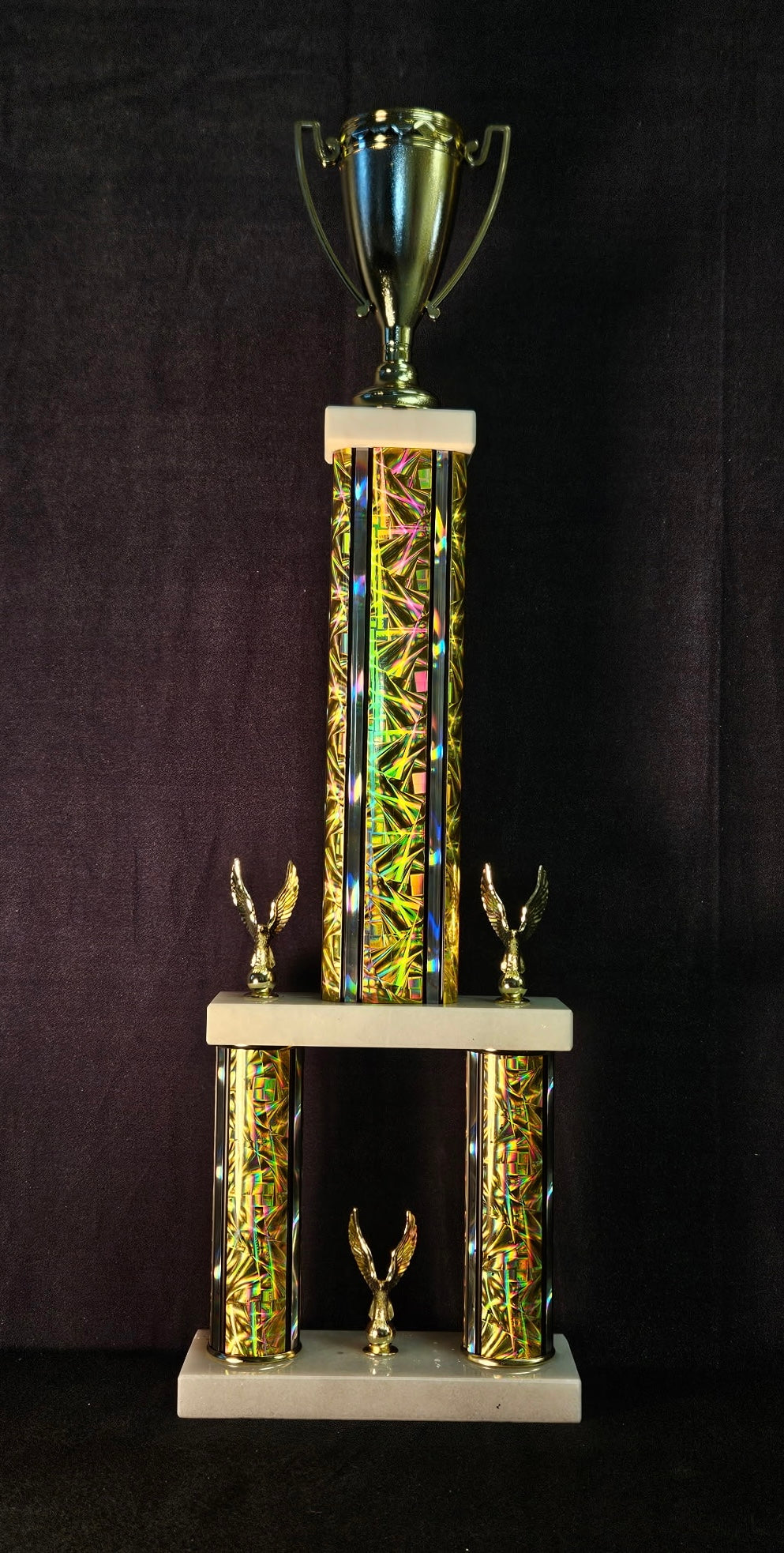 Double Deck Rectangle column trophy.  Pick your color and figurine