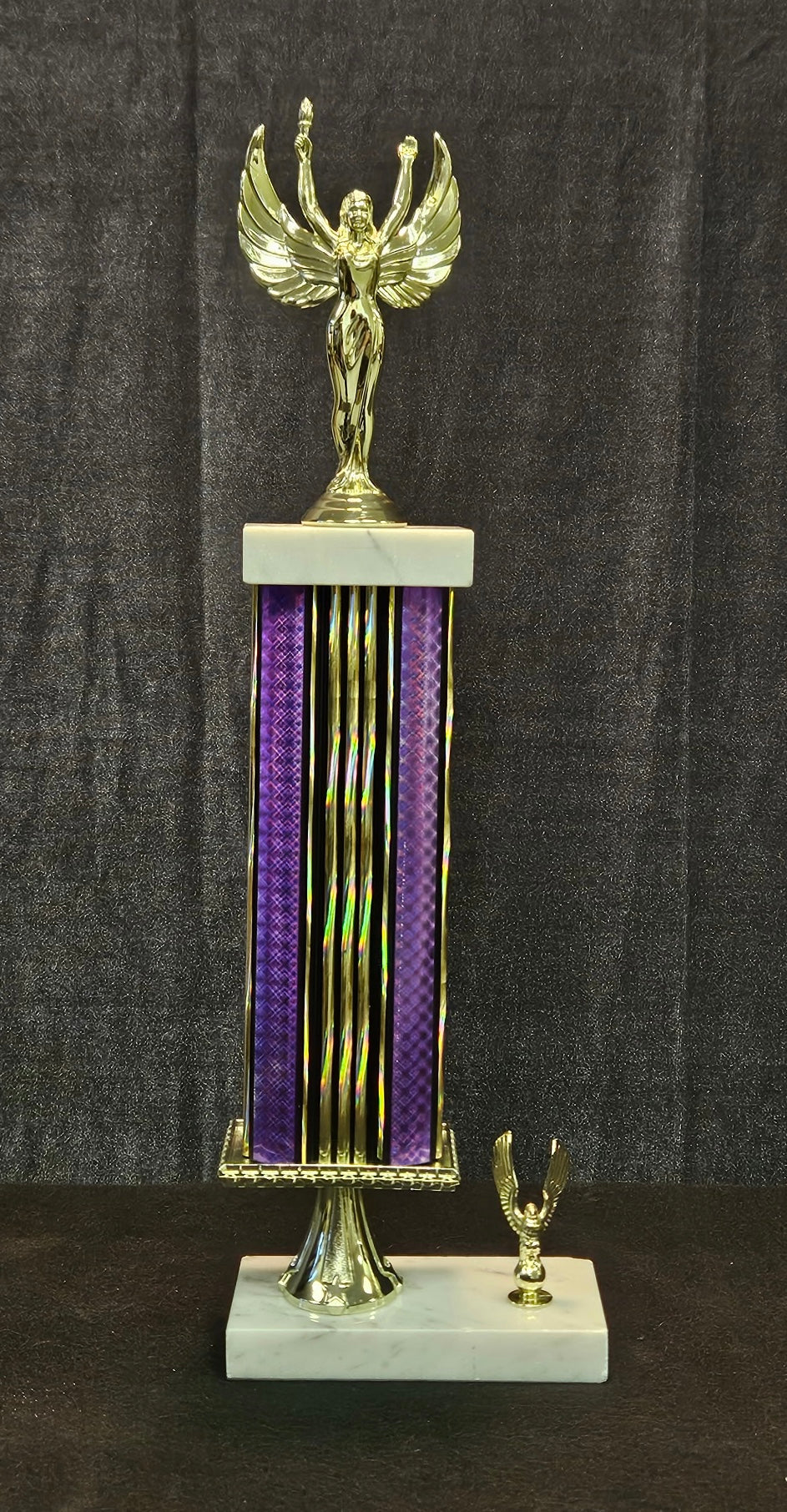 Rectangle trophy column with side trim and stem.  Pick Your Color and figurine